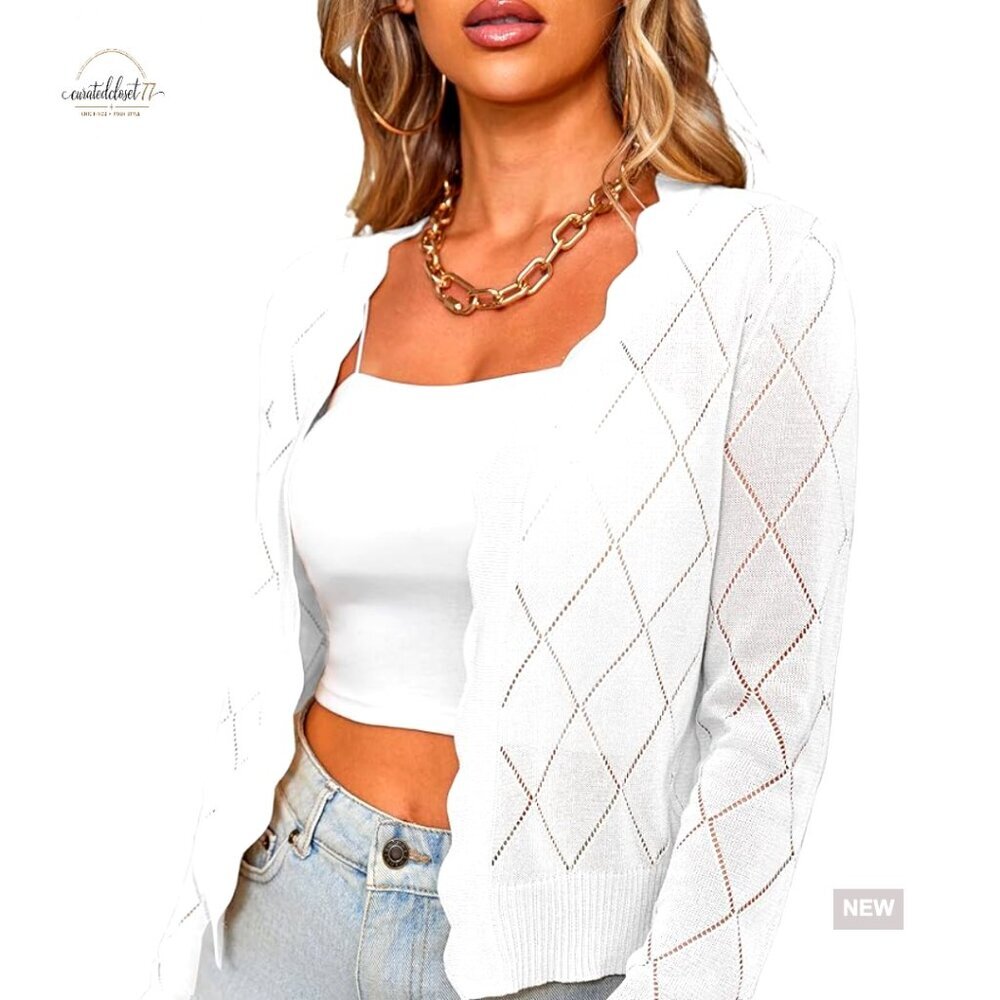 Long Sleeve Cropped Cardigan Open Front Hollow Out Shrug Sweater S-XL